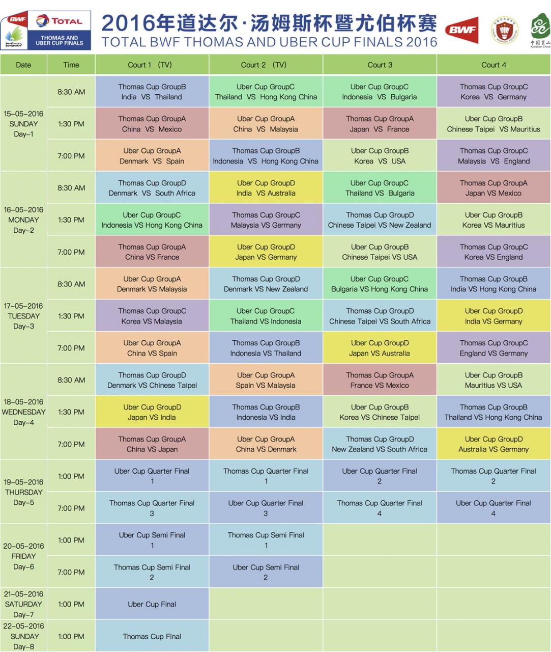 Thomas Cup 2016 & Uber Cup 2016 Schedule