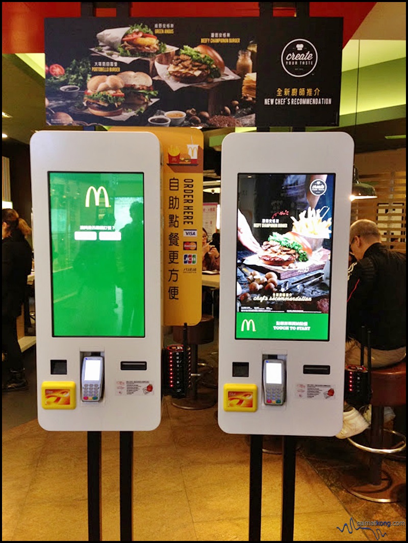  The self-service kiosks @ McDonald's has big screens with a touchscreen menu allowing you to pick and choose what you want in your burger using a variety of ingredients including different types of buns, cheeses and sauces. 