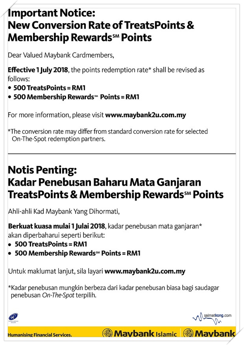 Notice New Conversion Rate of Maybank Treats Points July 2018