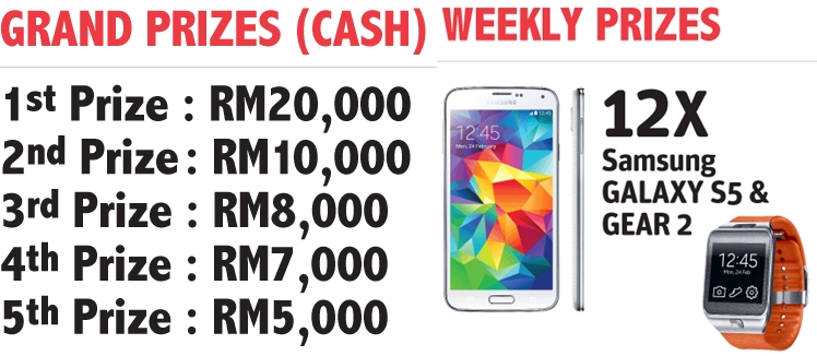 Grand Prizes (CASH) + Weekly Prizes 12 x Samsung Galaxy S5 & Gear 2!