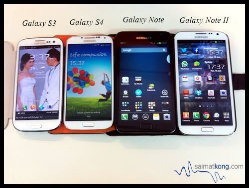 Check out the comparison between Samsung Galaxy S III, Samsung Galaxy S4, Samsung Galaxy Note and Samsung Note II.