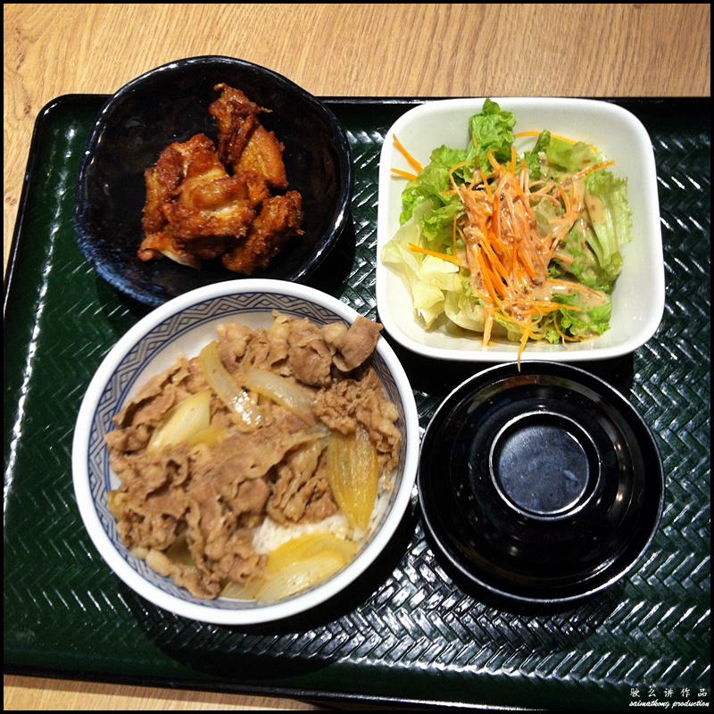 Yoshinoya @ Mid Valley, KL : Beef Bowl set with salad + miso soup + chicken karaage