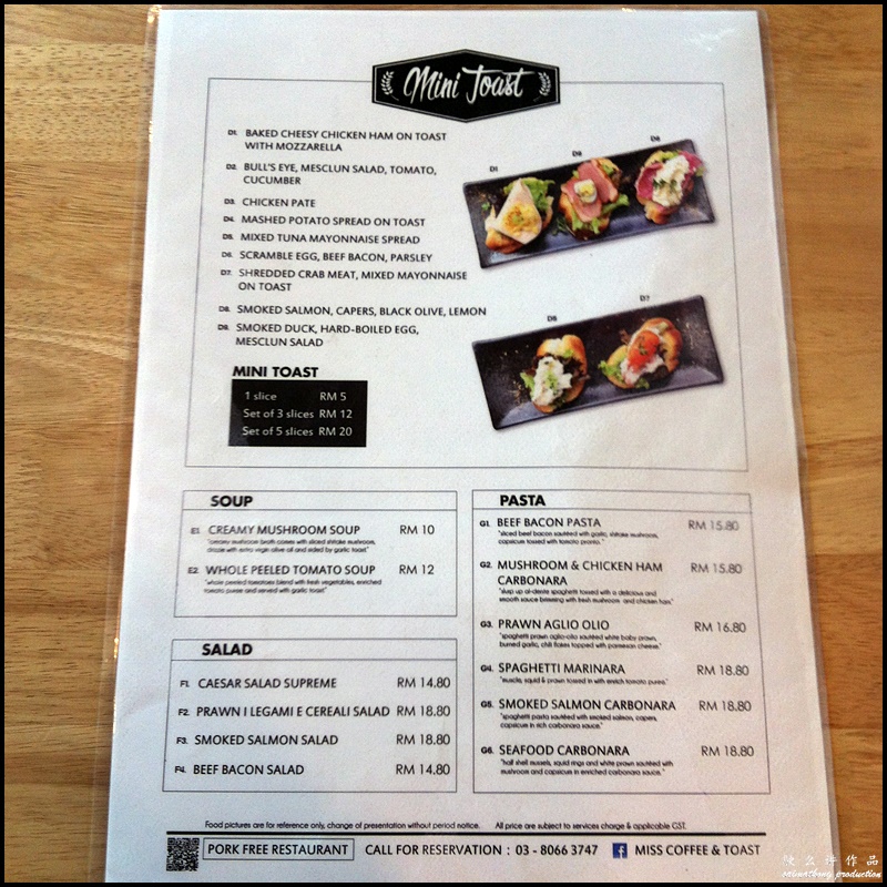 MISS Coffee & Toast @ Puchong Financial Corporate Centre (PFCC), Bandar Puteri : Menu