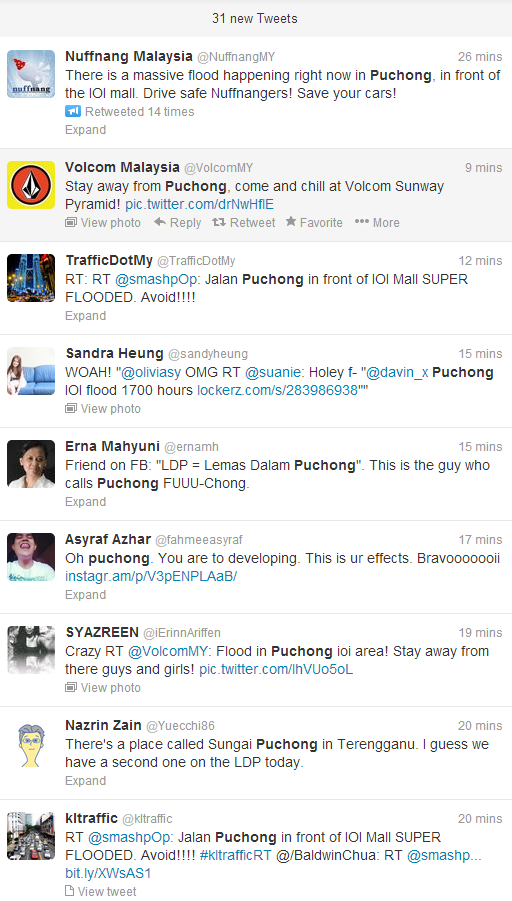 Serious flash floods hit LDP Puchong @ IOI Mall update via Twitter updates