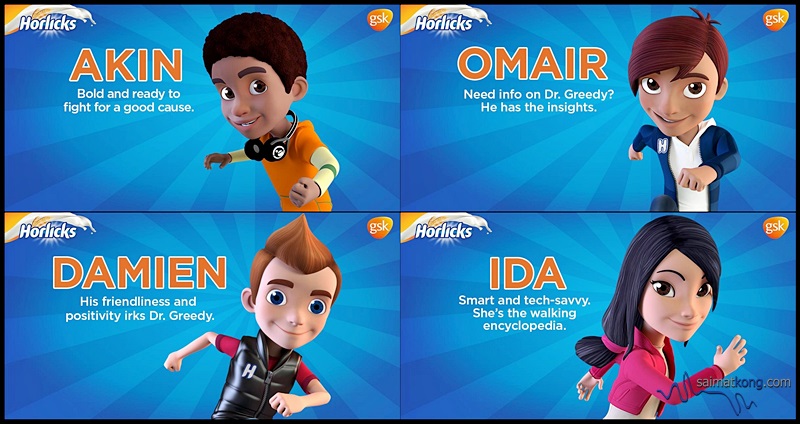Meet the four tall, strong and sharp heroes; sporty Akin, clever Omair, friendly Damien & extremely smart Ida! They are tall, strong and sharp coz they drink Horlicks everyday (just like you)! 