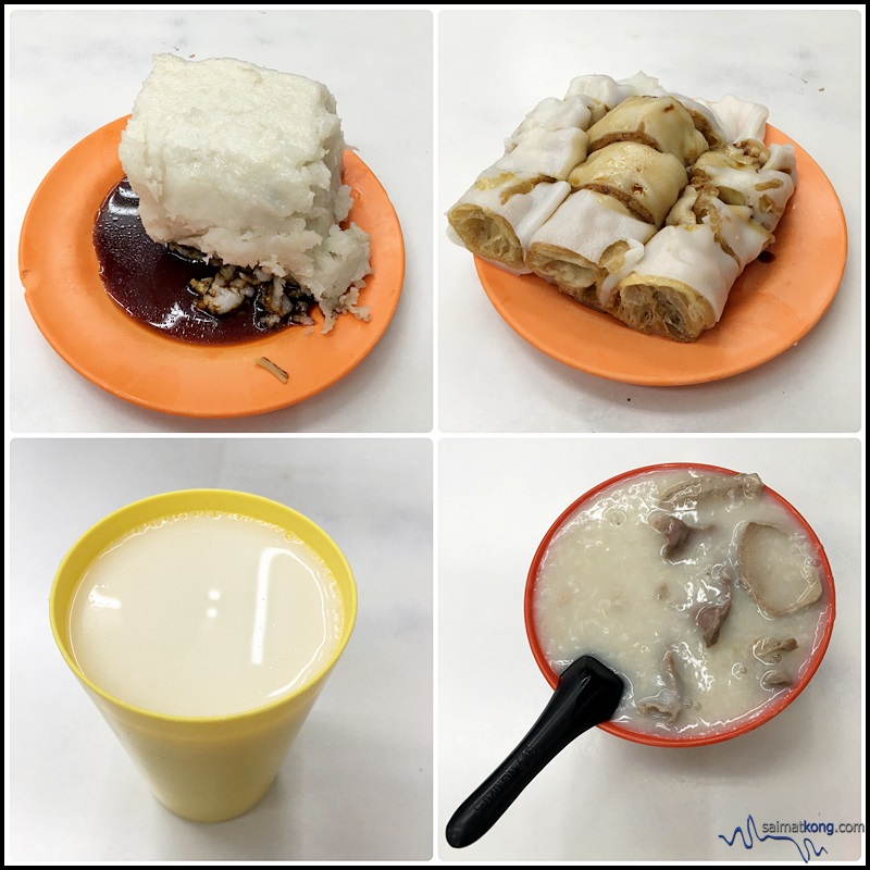 Our teatime at a restaurant near our hotel. We had soya bean, pork innards porridge, turnip or radish cake and steamed rice roll with fried cruller.