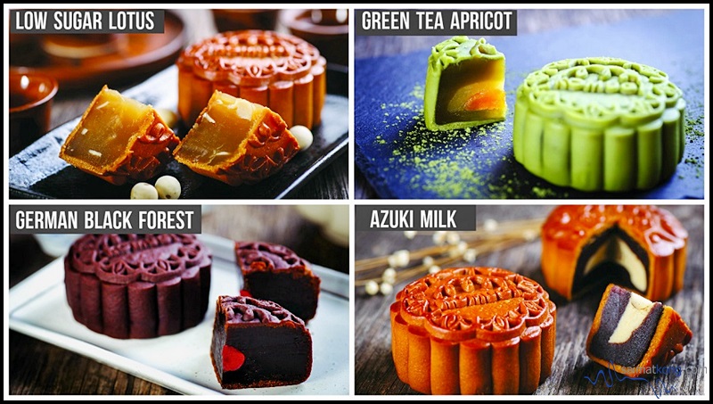 The mooncakes come in four different flavors : Traditional Low Sugar White Lotus, Green Tea Apricot, German Blackforest and Azuki Milk