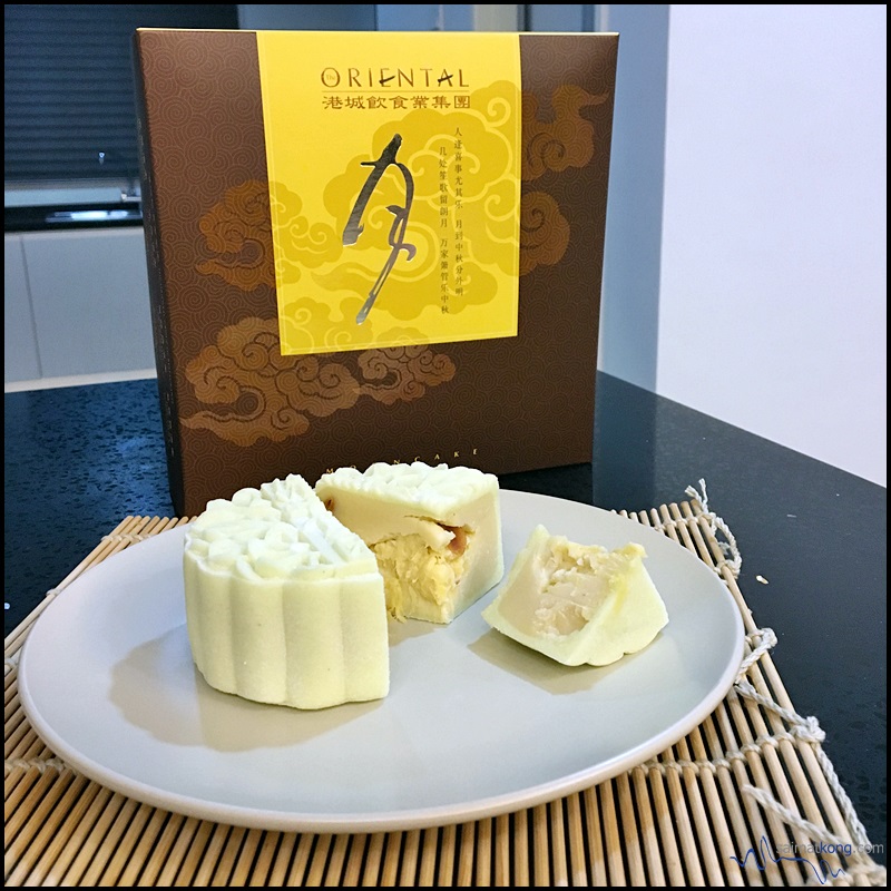 Snowskin Mooncakes from Oriental Group of Restaurants : Durian Mooncake is not made entirely with fresh durian pulp but with a blend of white lotus seed paste.