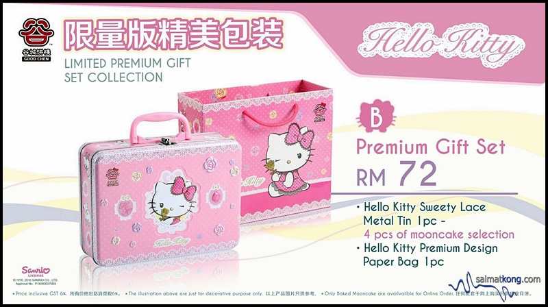Good Chen (谷城饼棧) Mooncake : The Hello Kitty Premium Gift Set that comes with 4pcs of mooncakes in a pretty Hello Kitty metal tin and an exclusive Hello Kitty paper bag.