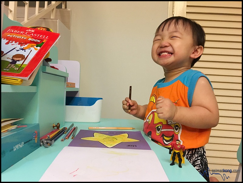 However, there are times when I get to sneak in some time for colouring while Aiden is playing with his toys next to me and I guess that's how I got him to show interest in colouring too.