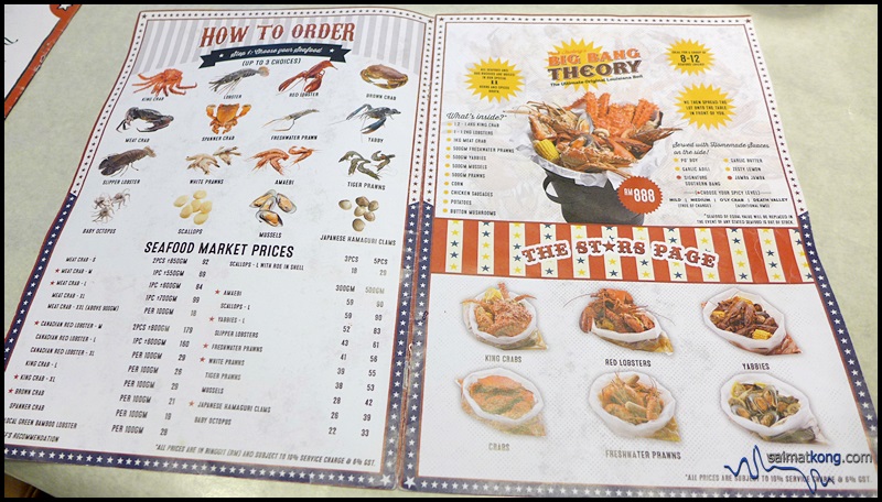 The menu at Crab Factory. Basically all you have to do is choose your choice of fresh seafood, choose your sauce and decide on the level of spiciness and finally add-on your choice of side dishes known as Bag Buddies.