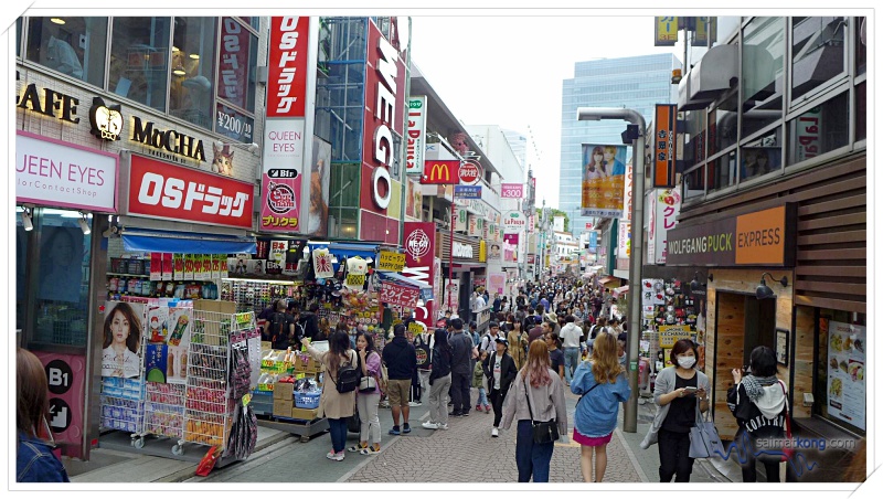 Takeshita Street is one of the busiest shopping street in Tokyo lined with with many boutiques and cafes offering cute (kawaii), colorful, fun and cool fashions and things. 