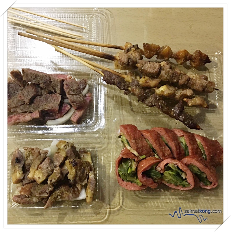 Tainan & Kaoshiung Trip 2018 - Our supper from Tainan Flower Night Market : steak, lamb chop, yakitori and bacon wrap. 