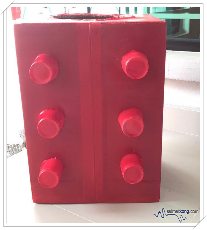 Easy DIY Lego Costume for Kids - The LEGO brick box after two coats of paint spray