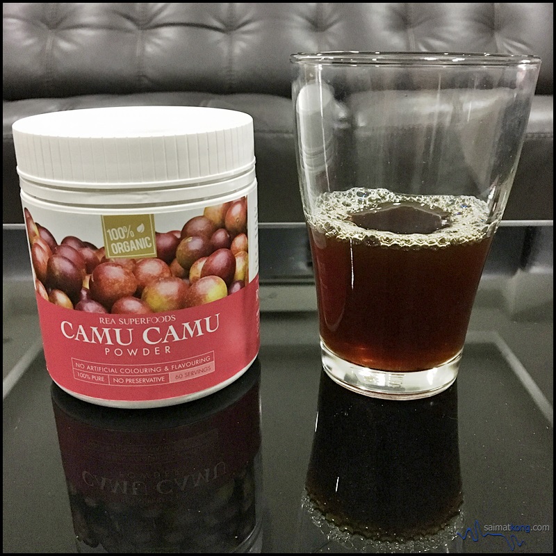 Camu powder bottle & powder mix w water in glass