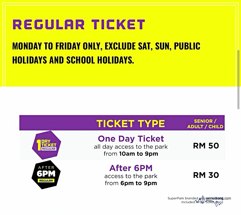 SuperPark Malaysia Regular Ticket prices