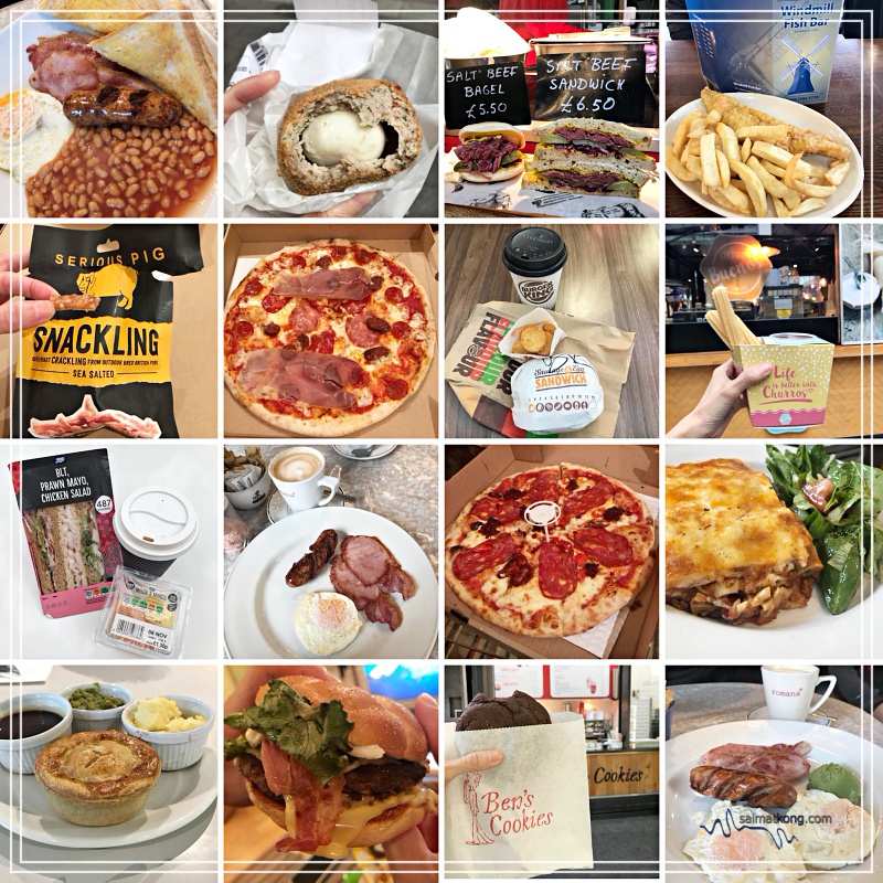 Besides coffee (a must-have for me everyday), these are some of the food I had in London which includes English breakfast (bacon, sausage, sunny side up, toast & avocado), sandwich, meat pie, scotch egg, burger, fish & chips, pizza, Ben’s cookies, lasagna and etc. 