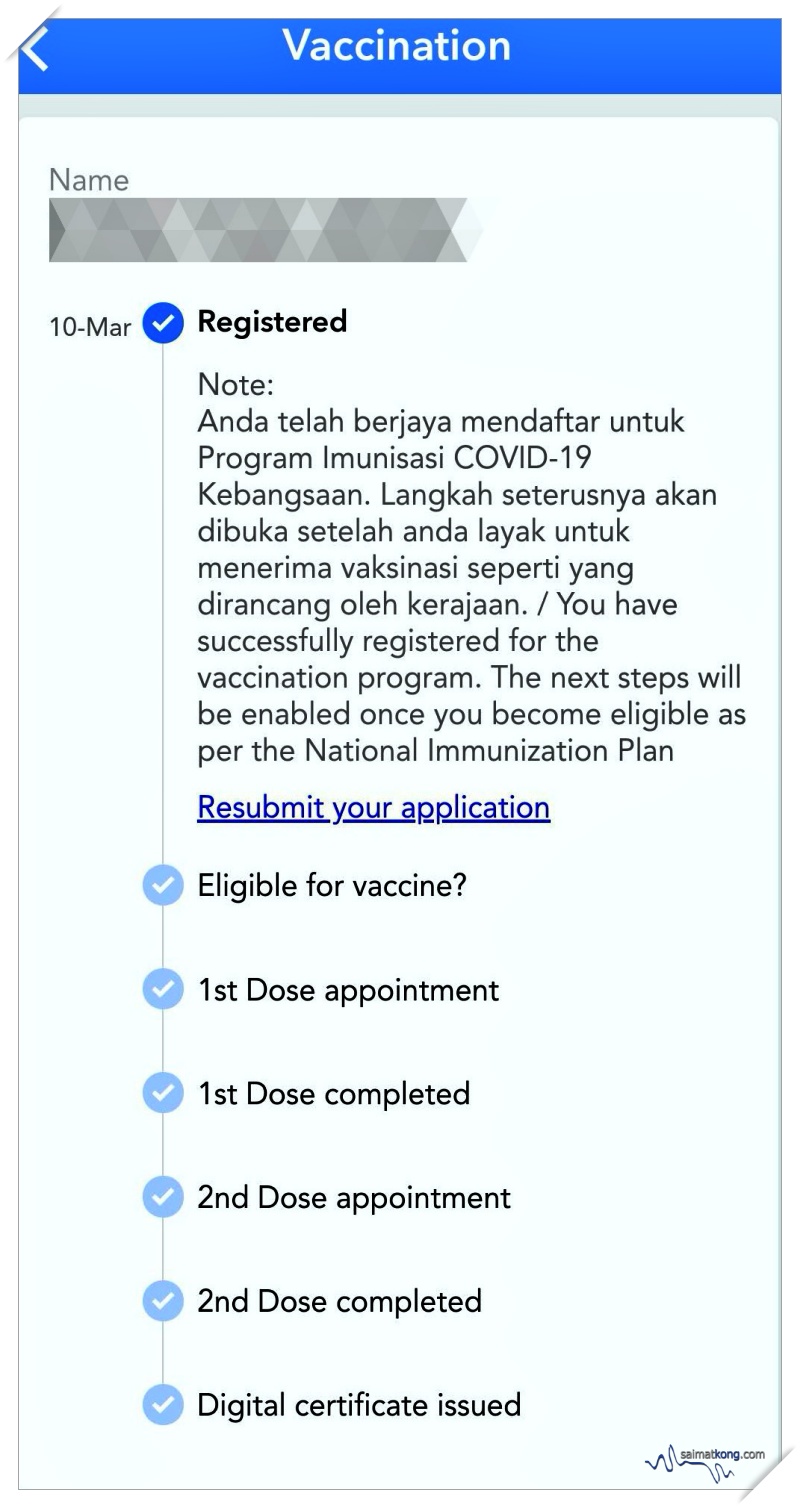 Once you’re done with that, you will be notified when the next phrase of vaccination starts. Just wait for your vaccination appointment via the MySejahtera App, phone calls or SMS.