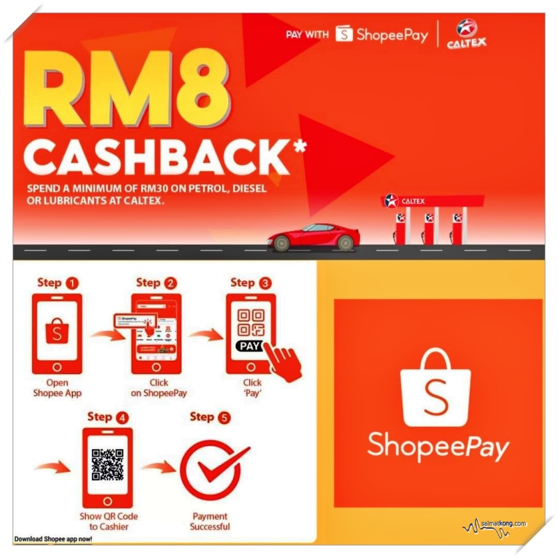 Up to RM16 ShopeePay Cashback at Caltex. 只要在2021年3月1日至4月30日期间，前往Caltex 油站添油消费满RM30或以上，并使用Shopee Pay 付款就可享有RM8 现金回扣。